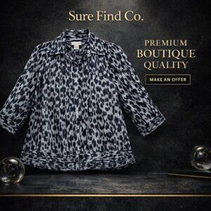 Vtg CJ Banks Black and White Animal Print Linen Blend Jacket 3/4 sleeves W Small